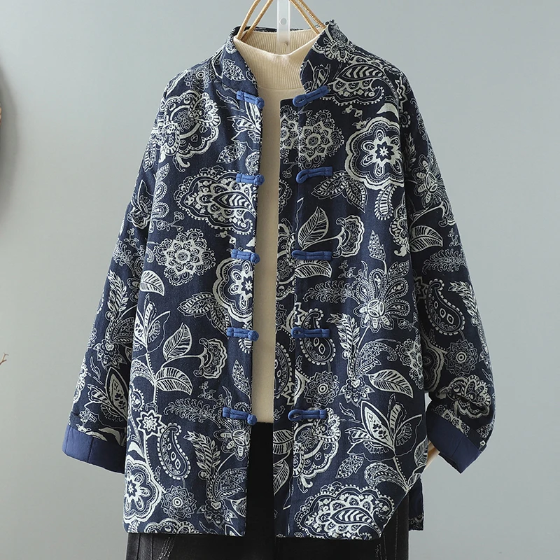 

Thickened Warm Cotton Jacket Large Floral Pattern Loose Winter Chinese Style National Style Button Cotton Coat High End Anti ...