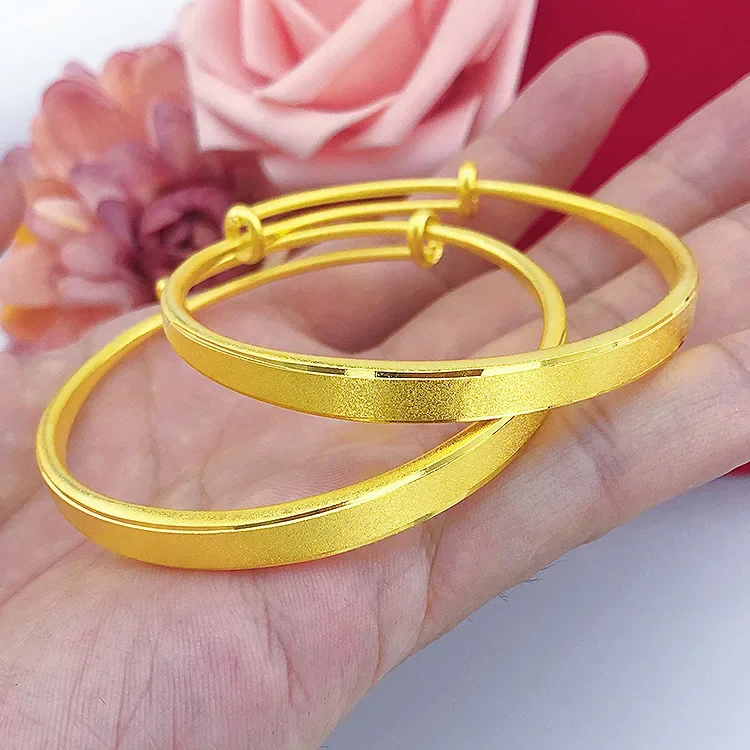 

9999 Real Gold 24K Version Ancient Bracelet Simple Women's Fashion Push-pull Matte Printed Yellow Bracelet Women