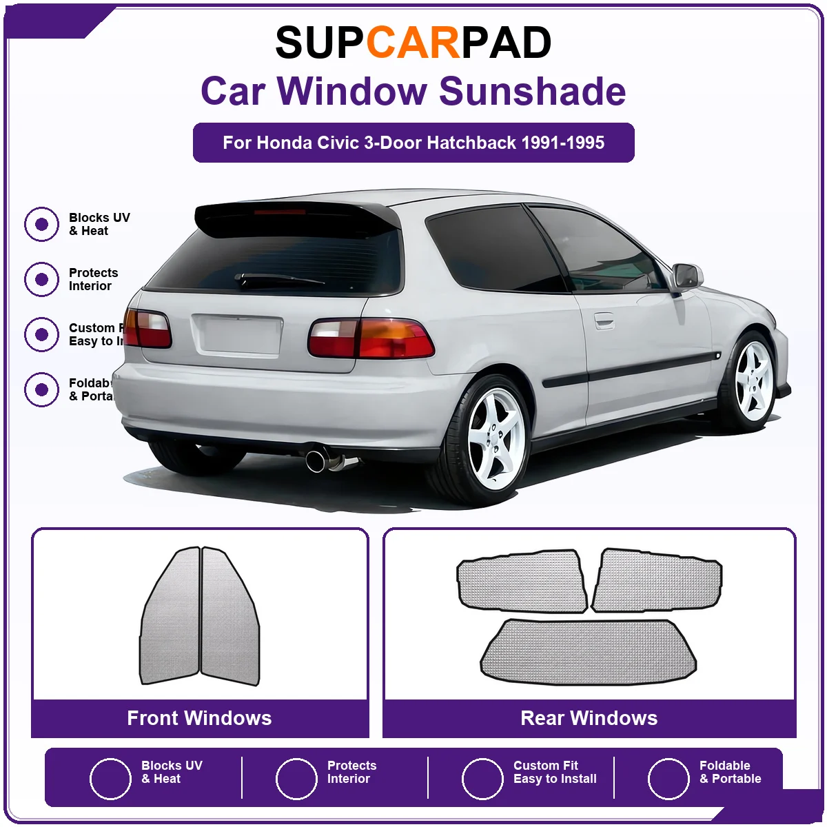 For Honda Civic 3-Door Hatchback 1991-1995 Pre‑Cut Auto Window Sunshade Anti‑UV Car Sun Visor Protector