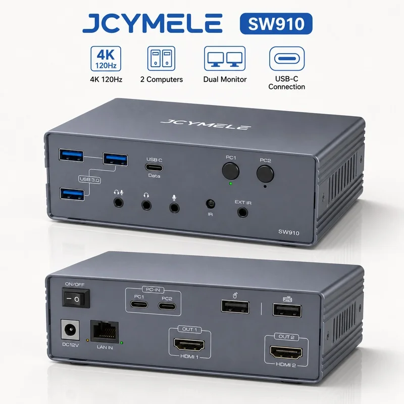 USB-C KVM Switch Dual-Monitor HDMI 4K 120Hz, Multi-Computer Docking Station Share 2 Screens USB 3.2 Audio JCYMELE