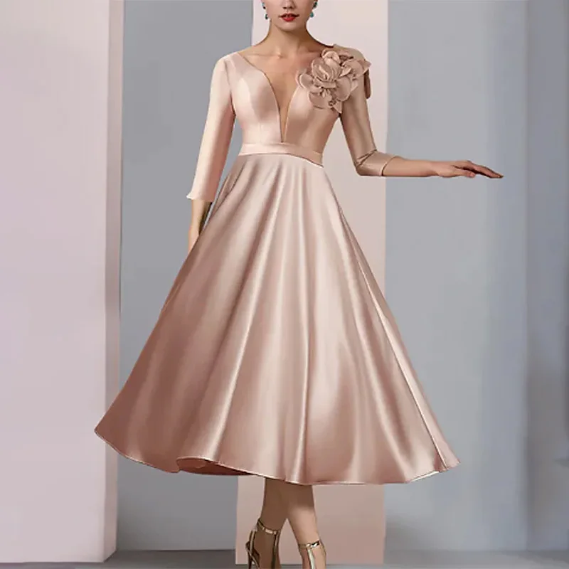 Elegant 3D Flower Mother of the Bride Dresses Satin Scoop-Neck Tea-Length A-Line Wedding Guest Party for Women 2023 Evening Gala