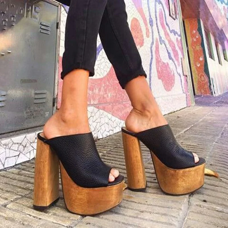 

Black Wood Pattern Platform Sandals Chunky Heel Peep Toe Fashion Sexy Cool 2025 Summer Big Size Woman Shoes Zapatillas Mujer