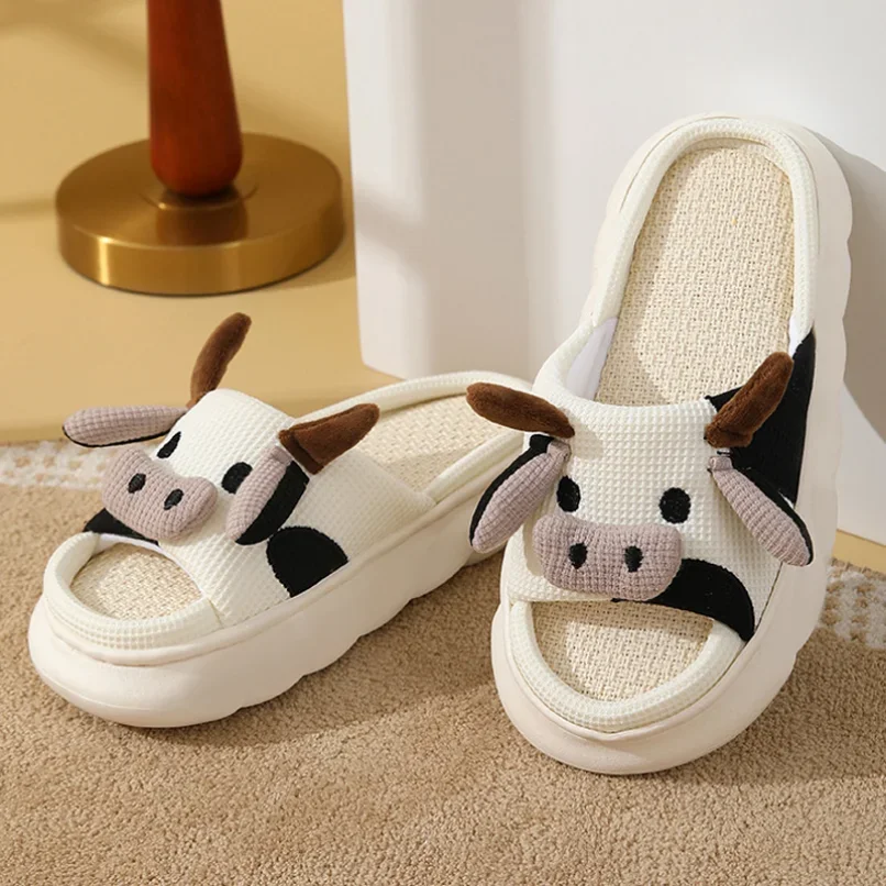 Home Slippers Frog Cow Women Summer Cute Linen  Couples Indoor House Non Slip Thick Funny Sandals Cartoon Kawaii Shoes 2024 New