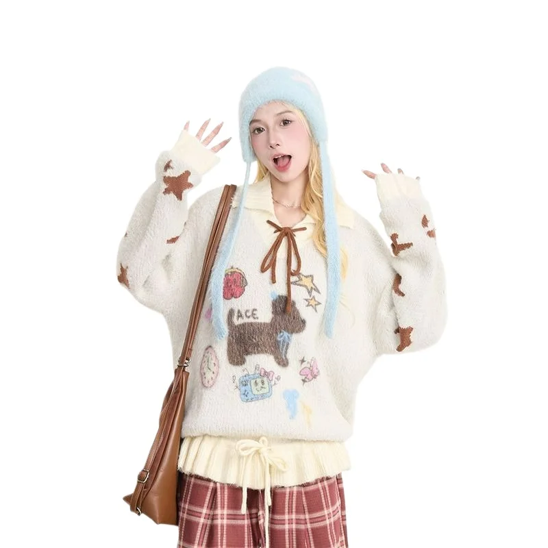 

New Style Little Dog Jacquard Cartoon Pullover Sweater Sweet Knitted Lazy Tie Loose 2026 Autumn/winter Top Knitted Pullover