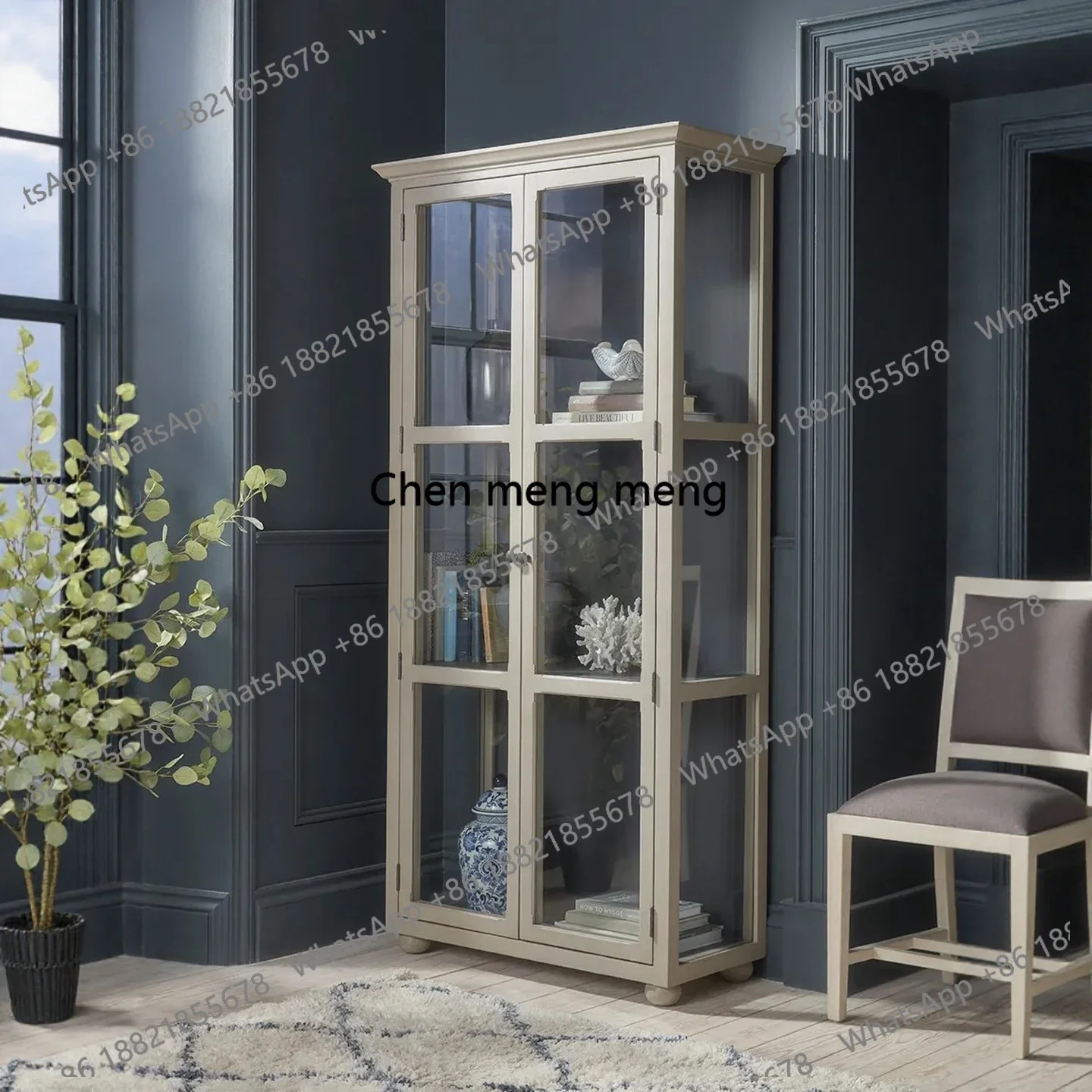 

American Retro Solid Wood Cabinet with Glass Doors, Display Cabinet for Small Living Rooms, Double Door Storage Cabinet