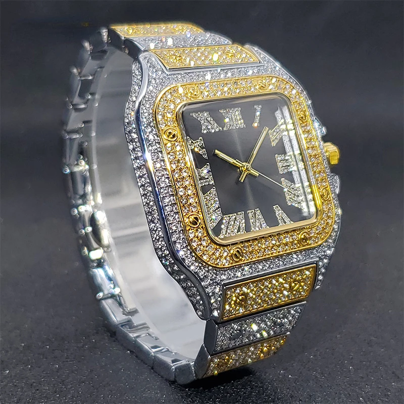 Square Quartz Wristwatch with Luxury Diamond Accents, Ideal for Men\'s Fashion Events