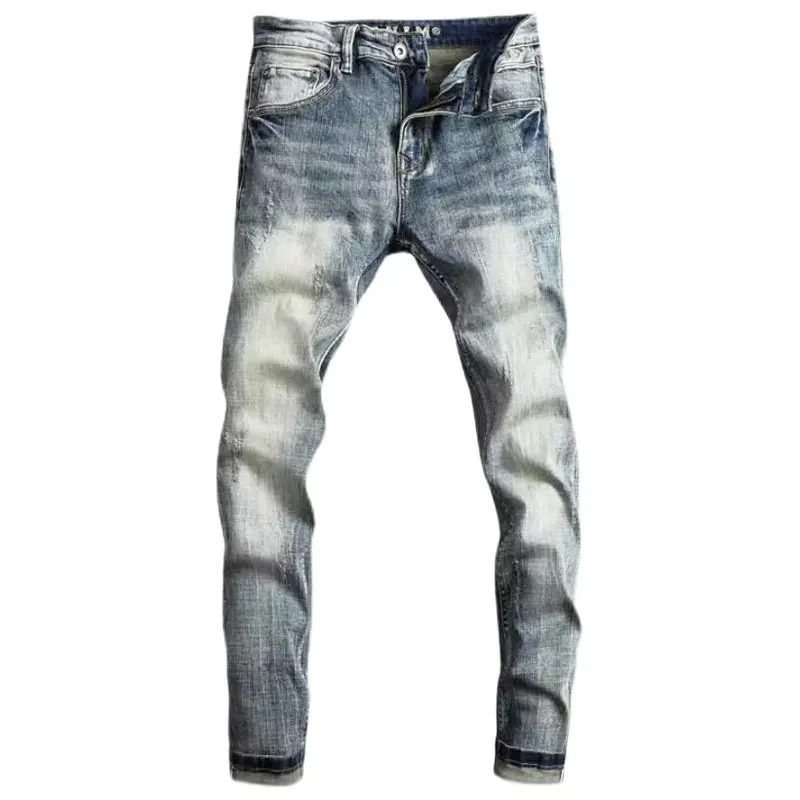 Newly Fashion Men Jeans High Quality Retro Blue Embroidery Designer Slim Fit Ripped Jeans Men Stretch Vintage Denim Pants Hombre