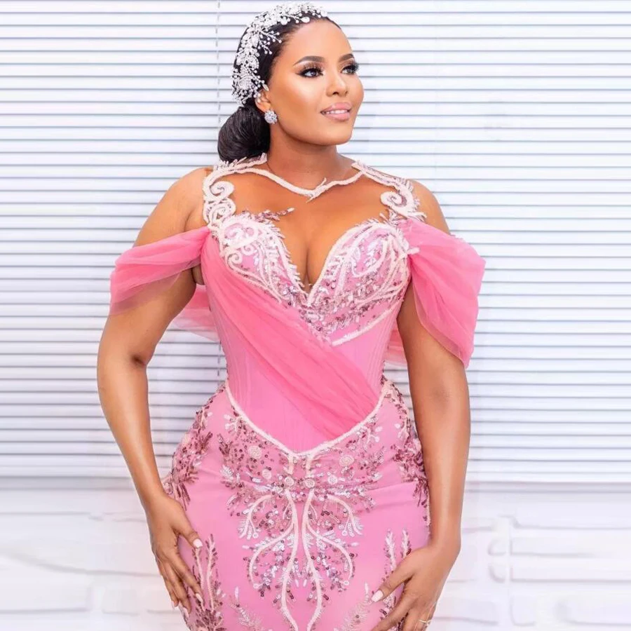 Aso Ebi فساتين لحضور الحفلات الموسيقية مع رقبة شفافة مطرزة بالخرز الدانتيل قبالة الكتف حورية البحر فستان سهرة للنساء الأفريقيات فساتين عيد الميلاد