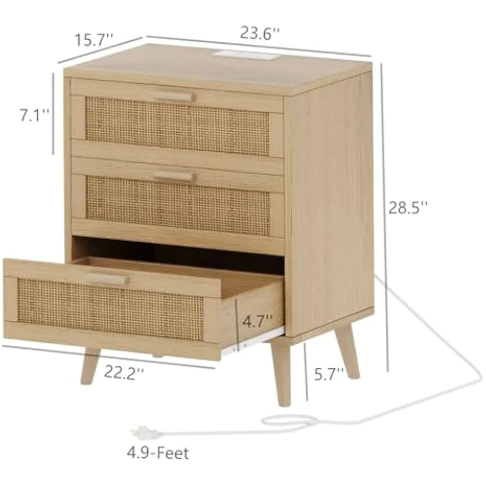 Nightstand Set of 2 with Charging Station Accent Rattan Drawers End Table Bedside Table with USB Ports & AC Outlets Night Stand