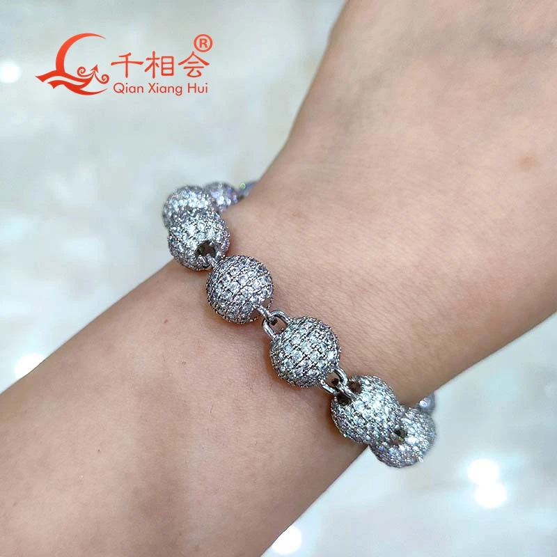 10mm Bracetet  buddha beads  Silver 925 Cuban Link Hip Hop D VVS ball shape Moissanite Link Chain Jewelry  Women Men Gifts