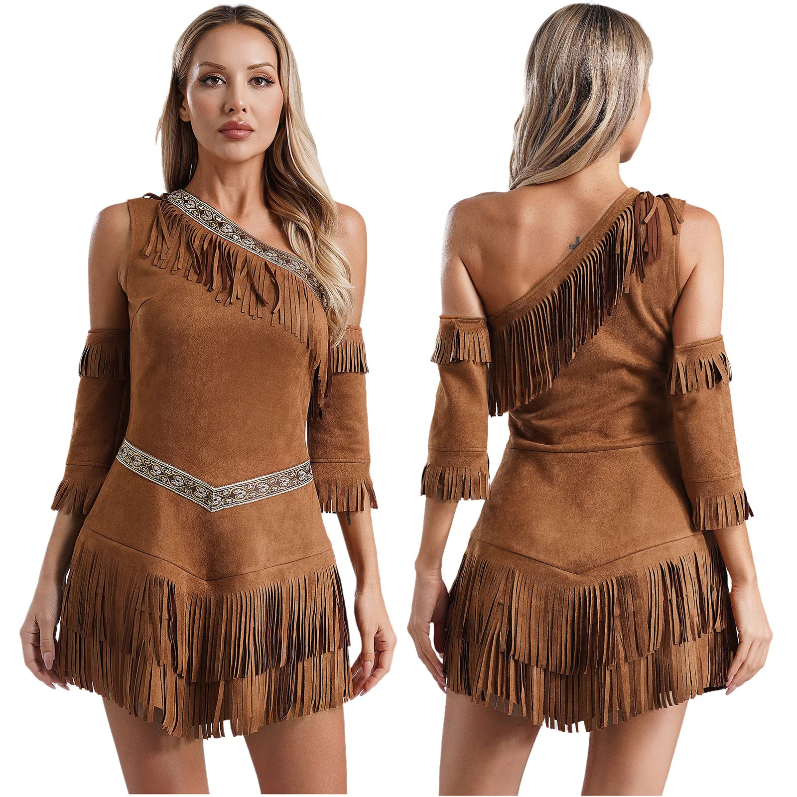 Women's Native Princess Cosplay Outfits Fringe Suede Dress with Sleeves for Halloween Cosplay Parties Savage Indian Costume view 2