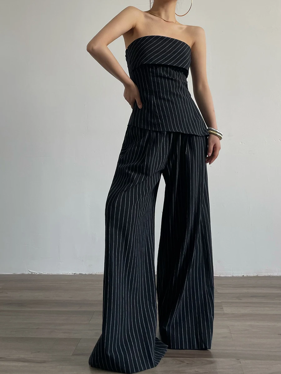 

AcupStudio Jiangyou Vintage Striped Tube Top And Wide Leg Pants Cotton Linen Women's Set Casual Fashion Outfit Two-Piece Suit