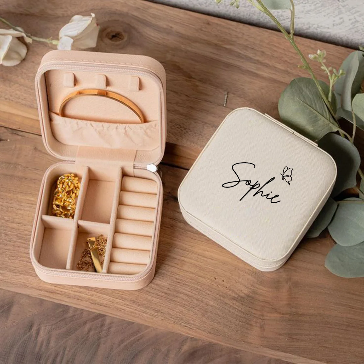 Personalized customized letter flower portable travel storage box, ring, earring, necklace zipper jewelry box