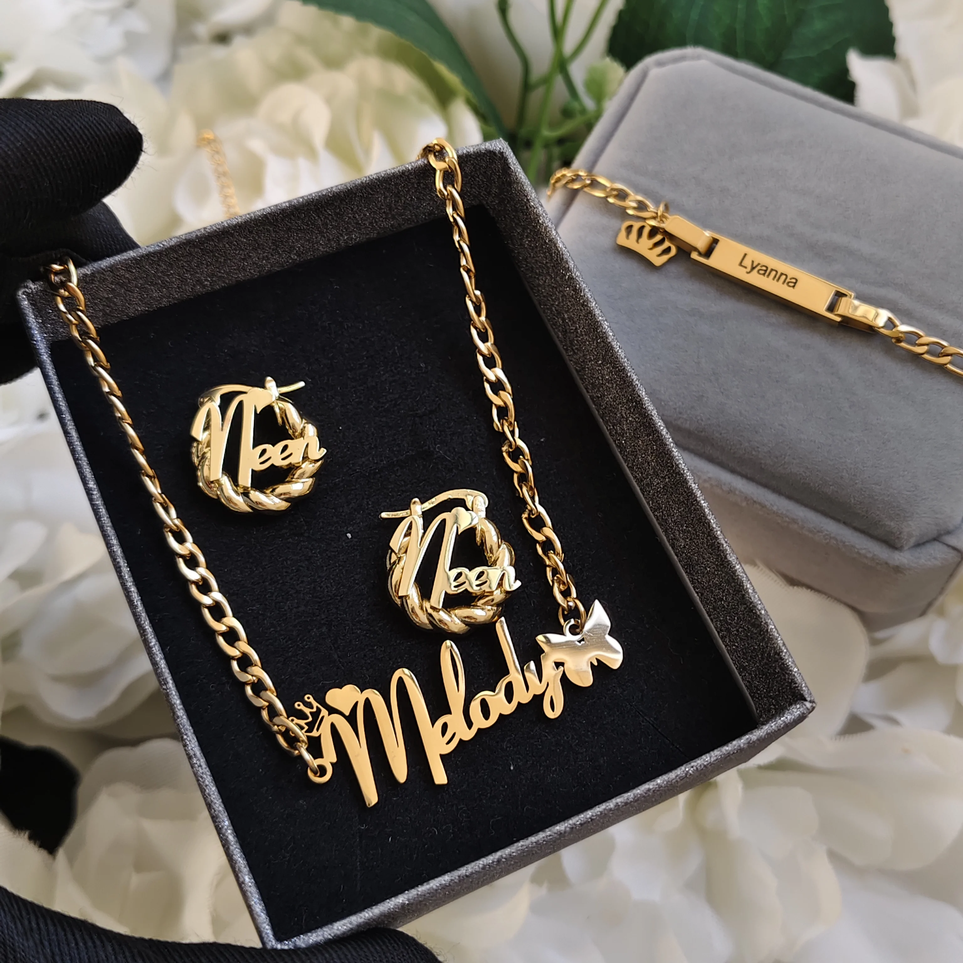 DHQH New Customized Name Set Personalized Letter Necklace Earrings Bracelet Set Valentine's Day Gift Manufacturer Direct Sales