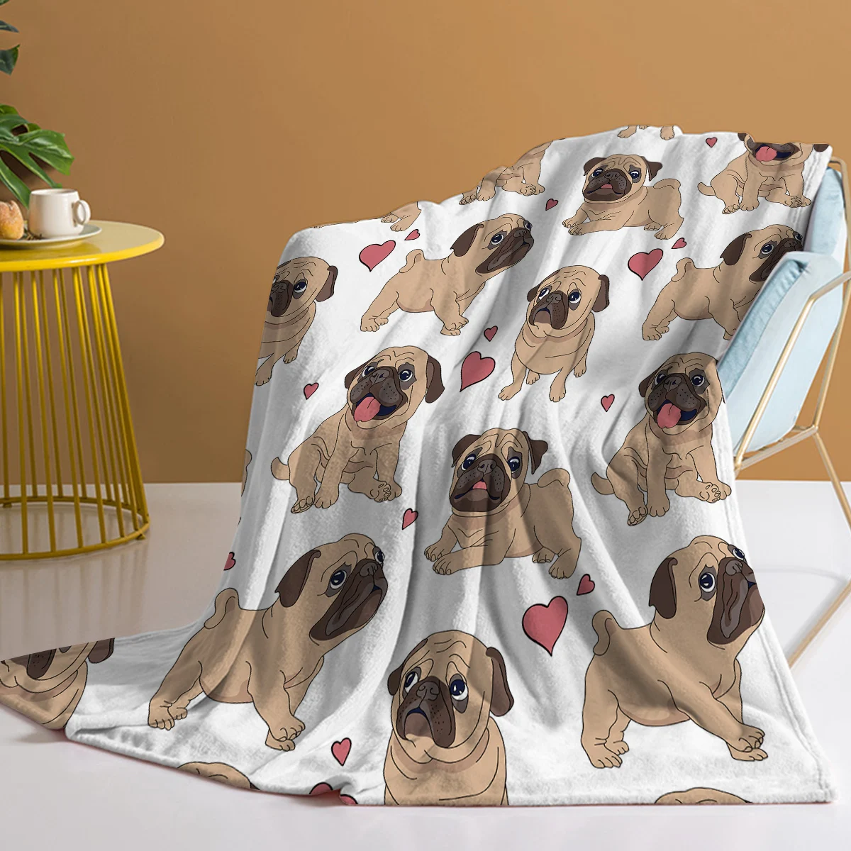 Pug Blanket for Kids Adults Cute Dogs with Red Hearts Throw Blanket Cozy Blanket for Couch Sofa Bed Living Room