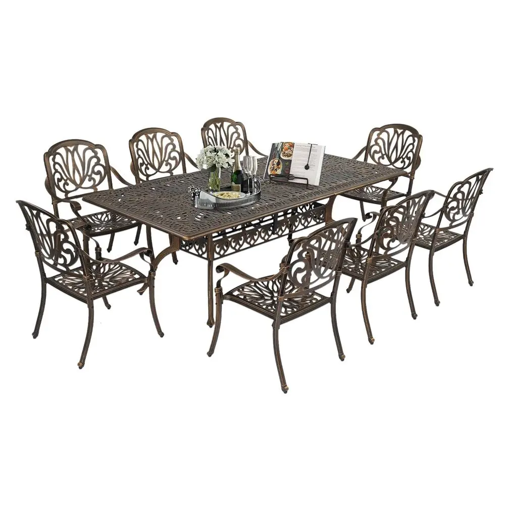 

9Piece Cast Aluminum Outdoor Dining Set for 8, Rectangular Patio Table with Umbrella Hole amp 8 Stackable Chairs, AllWeather Ga
