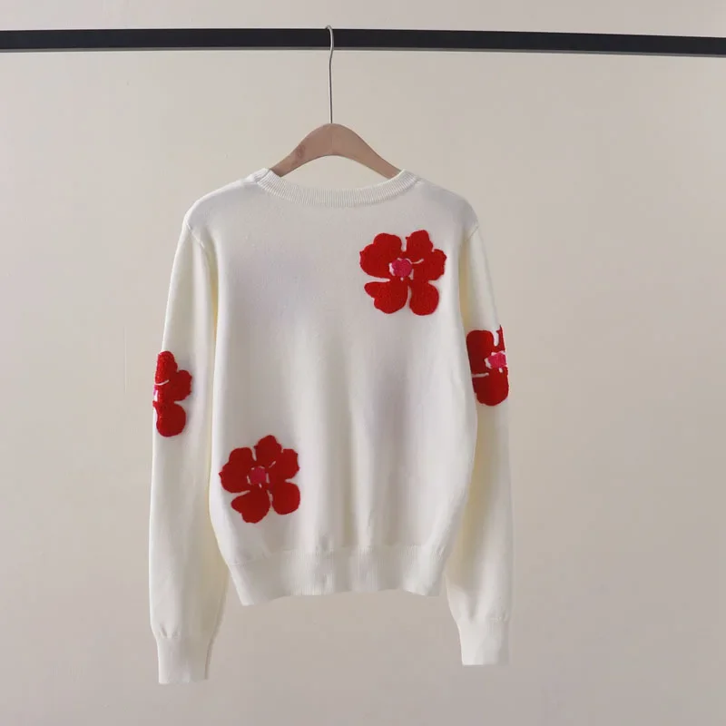 Versatile Floral Embroidered Long Sleeve Pullover Sweater with Flocking for Autumn Winter Outdoor Wear