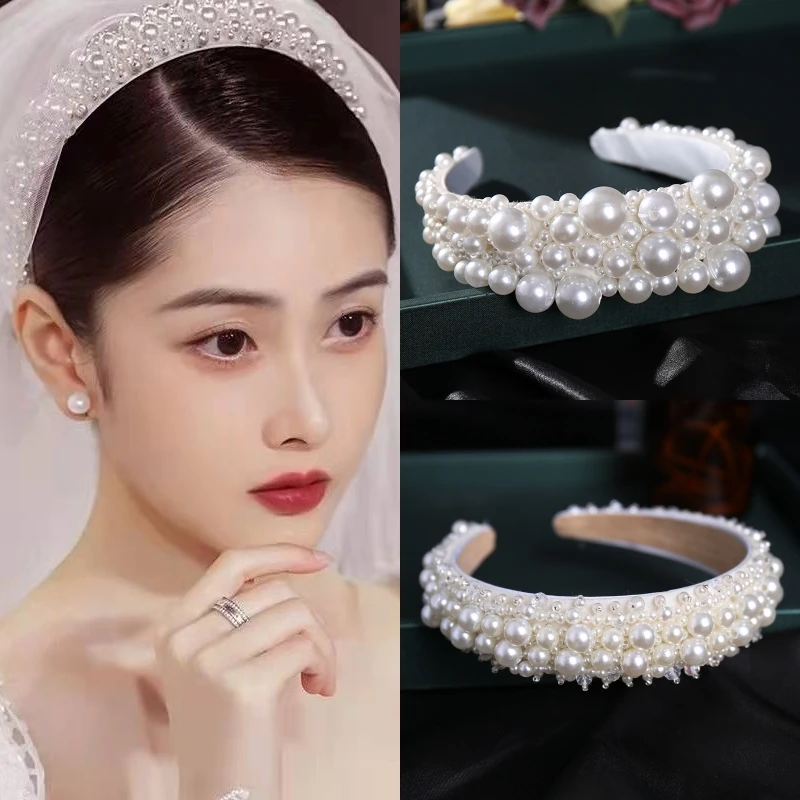 Silver Color Pearl Hairband Headband Tiara Women Korea Elegant Hair Hoop Ornament Bridal Wedding Hair Accessories Jewelry Band