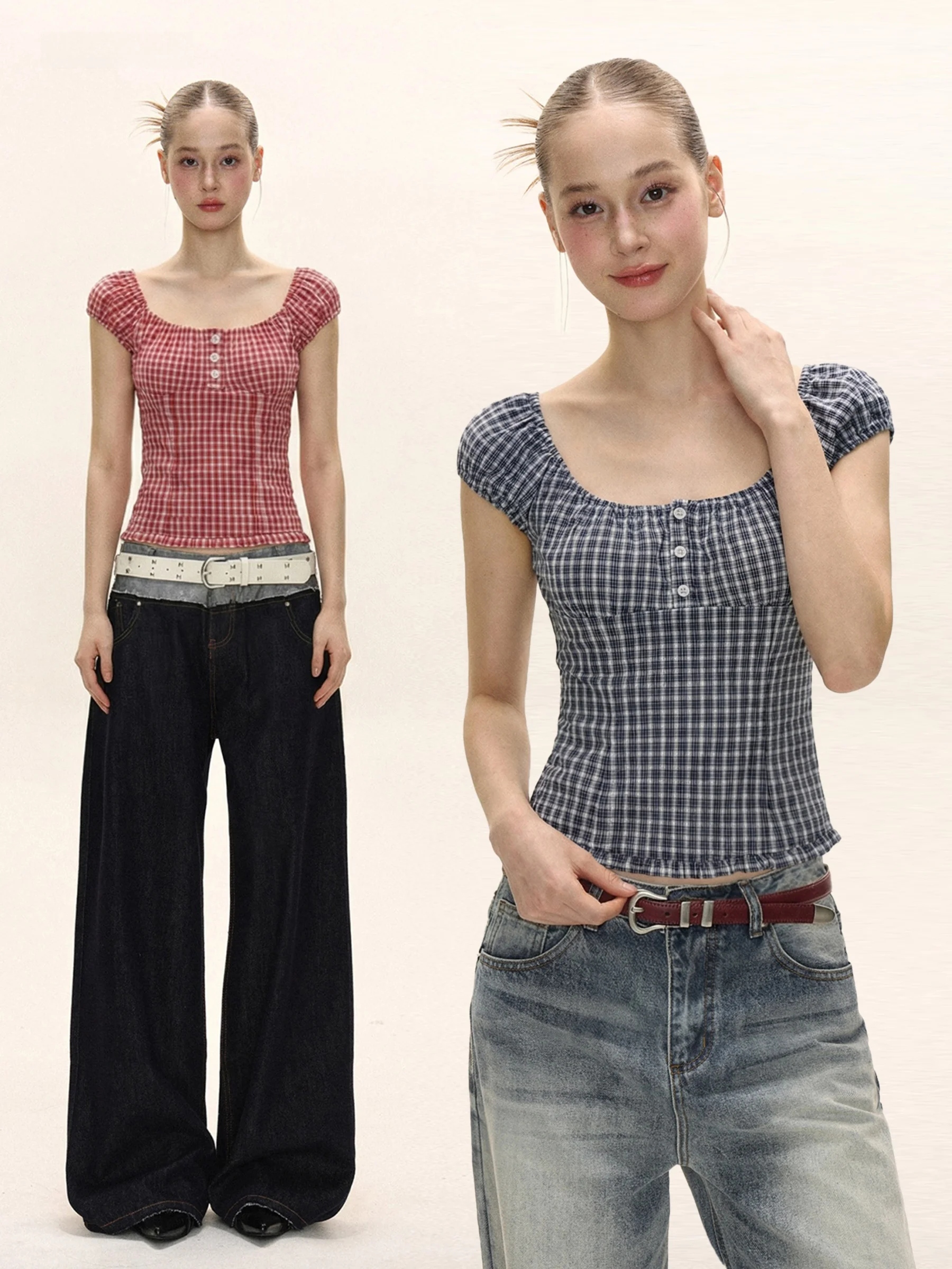 Slim Fit Short Sleeve T-Shirt Women's Summer American Bubble Sleeve Waist Cinching Design Checkered U Neck Top Korean Style
