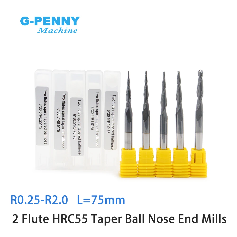 G-Penny R0.25 R0.5 R0.75 R1.0 R1.5 R2.0 CNC Tungsten Solid Carbide Coated Tapered Ball Nose End Mills Taper Cone Milling Cutter