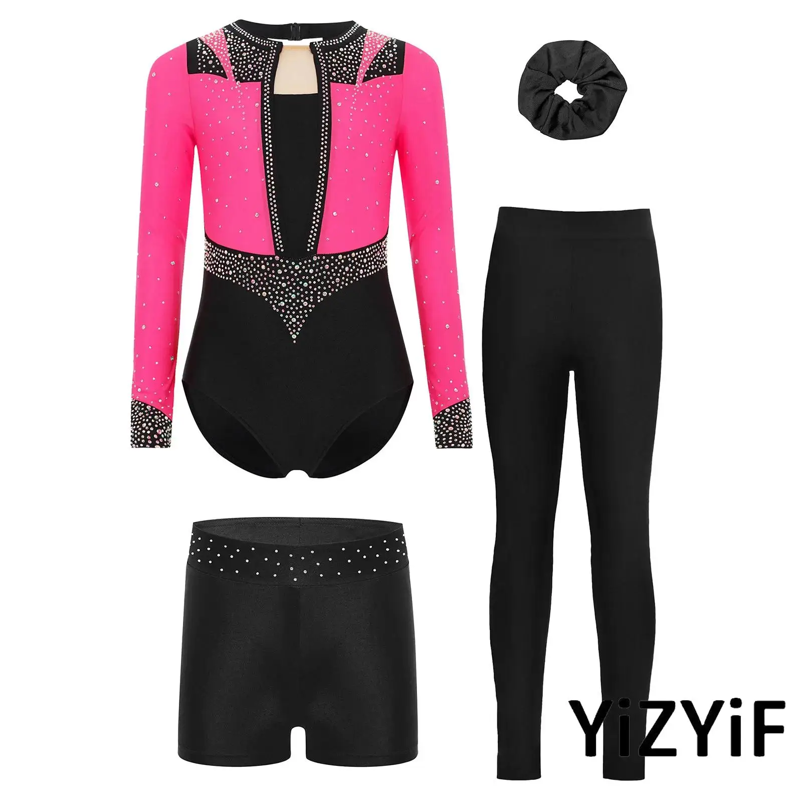 

Kids Girls Gymnastics Latin Jazz Dance Outfits Set Long Sleeve Keyhole Back Sparkly Rhinestones Leotard+Shorts+Leggings+Hairband