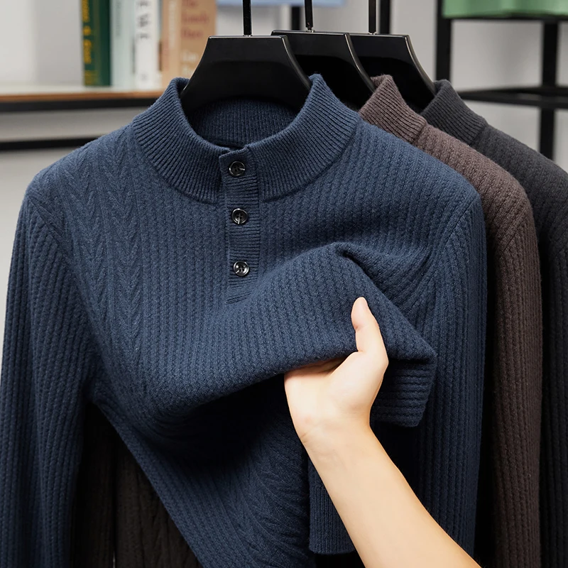 

New Arrival 100% Sheep Wool Clothes Men 2025 Winter Thick Fashion Buttons Sweater Long Sleeve Pure Wool Mock Neck Warm Knitwear
