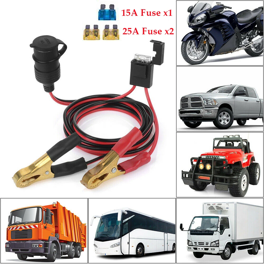 12V/24V Car Lighter Socket To Battery Alligator Crocodile Clip With 3Pcs Fuse Auto Battery Clip Socket Adapter Extension Cable