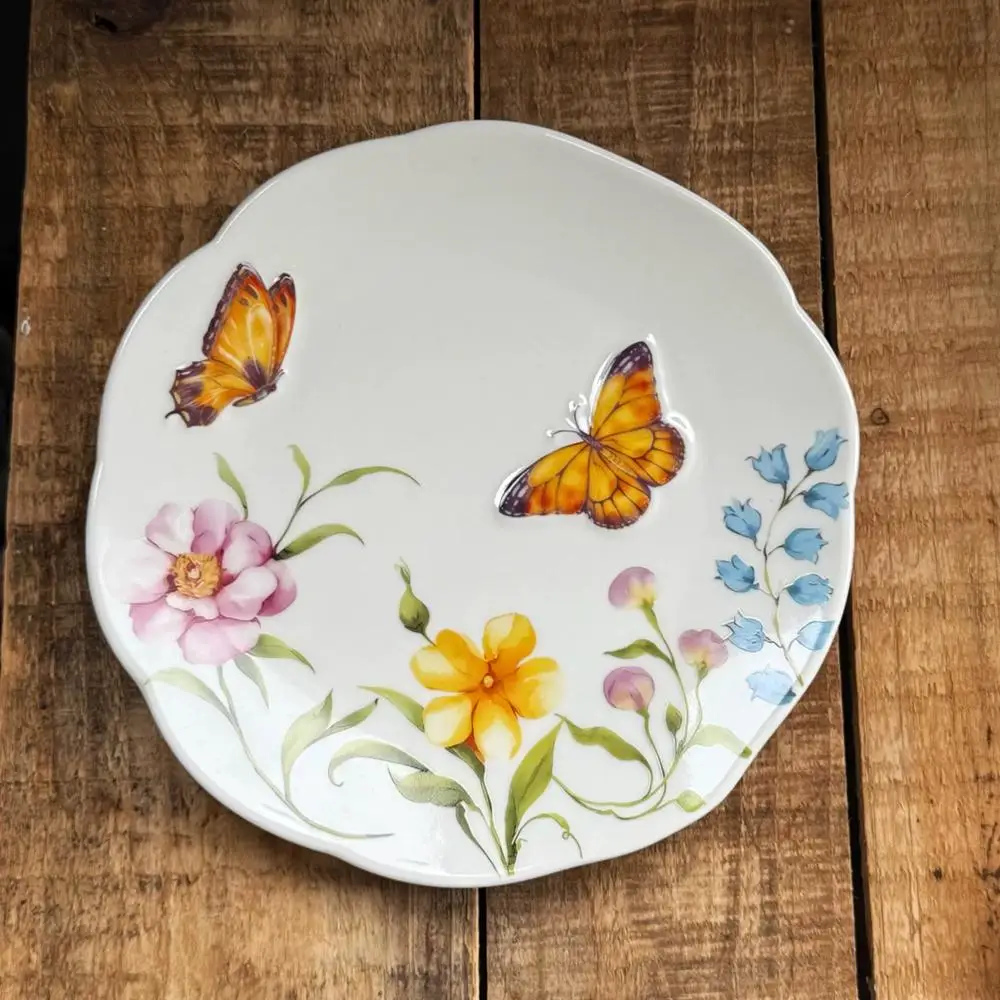 Relief Sense Butterfly Pattern Plate Butterflies Love Flowers Theme Large and Small Plate Deep Plate Spring Flowers Cake Plate