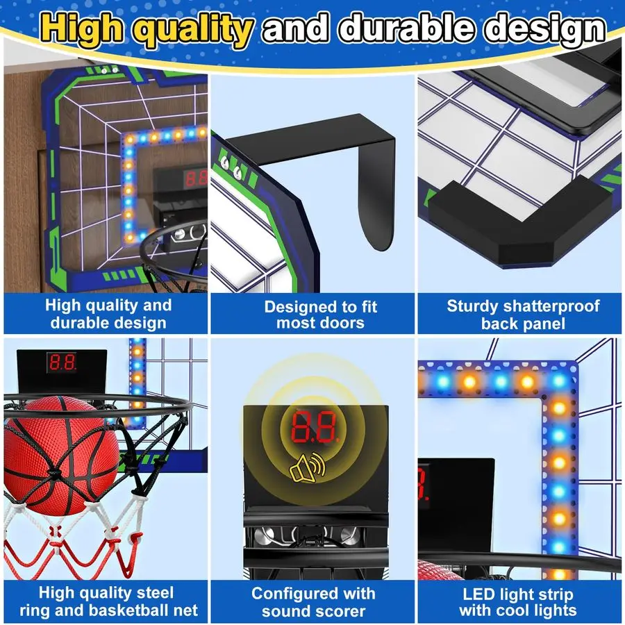 طوق كرة سلة داخلي فوق الباب، طوق كرة سلة صغير مع لوحة نتائج LED، صوت أضواء، يتضمن 4 كرات ممتعة لعيد الميلاد f