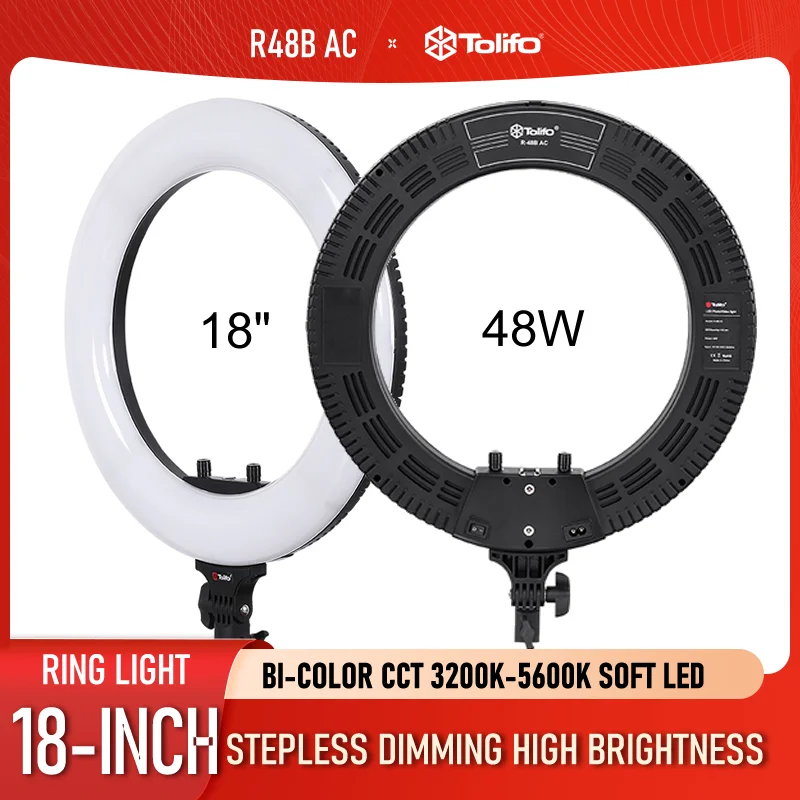 Tolifo R48B AC 48W Bi-color LED Ringlight Dimmable Camera/Studio/Video Photography Ring Light Lamp for Youtube Video Shooting