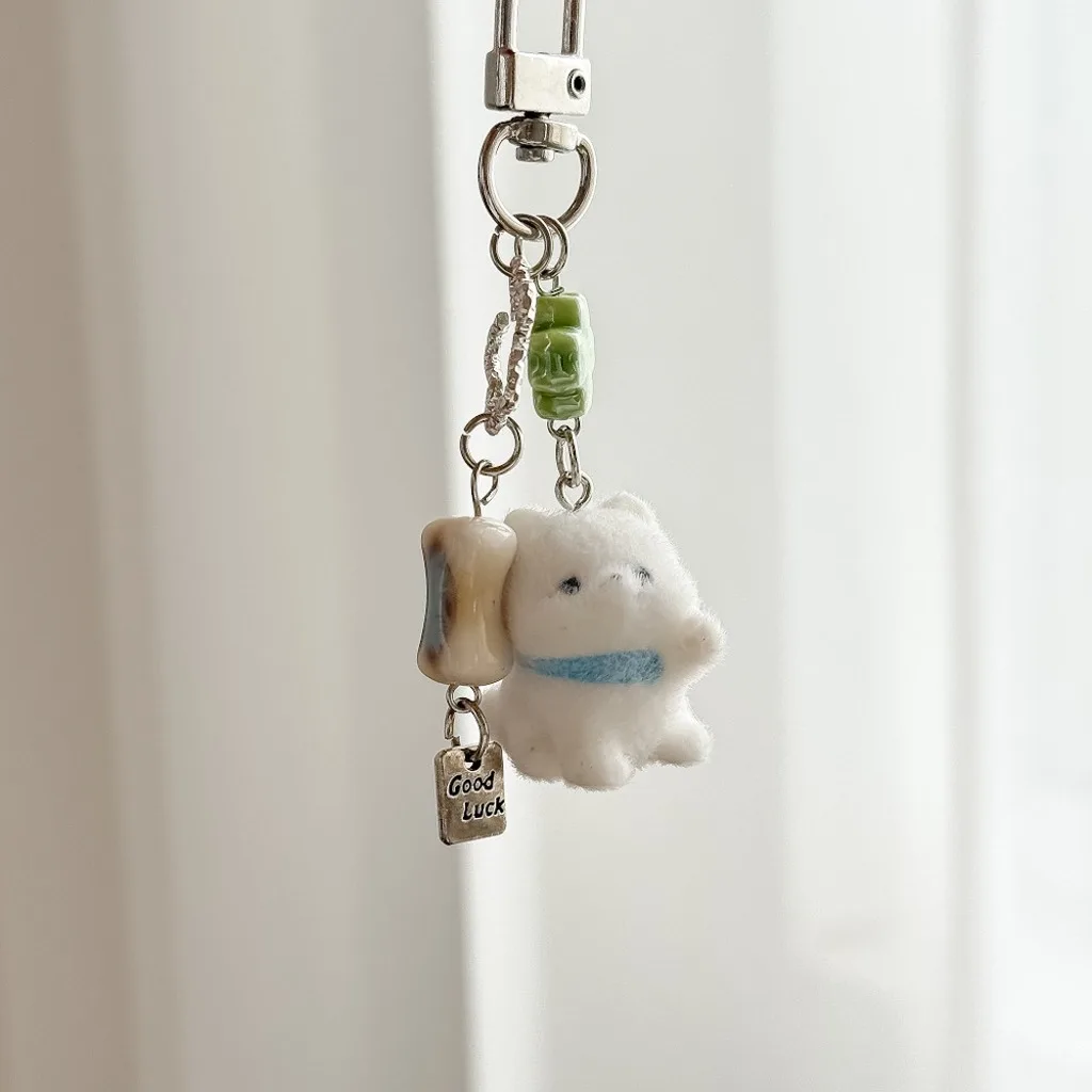 Cute White Flocked Waving Hand Puppy Key Chain Good Luck Plush Phone Charm Bag Pendant Key Ring Accessories Keyring Decoration