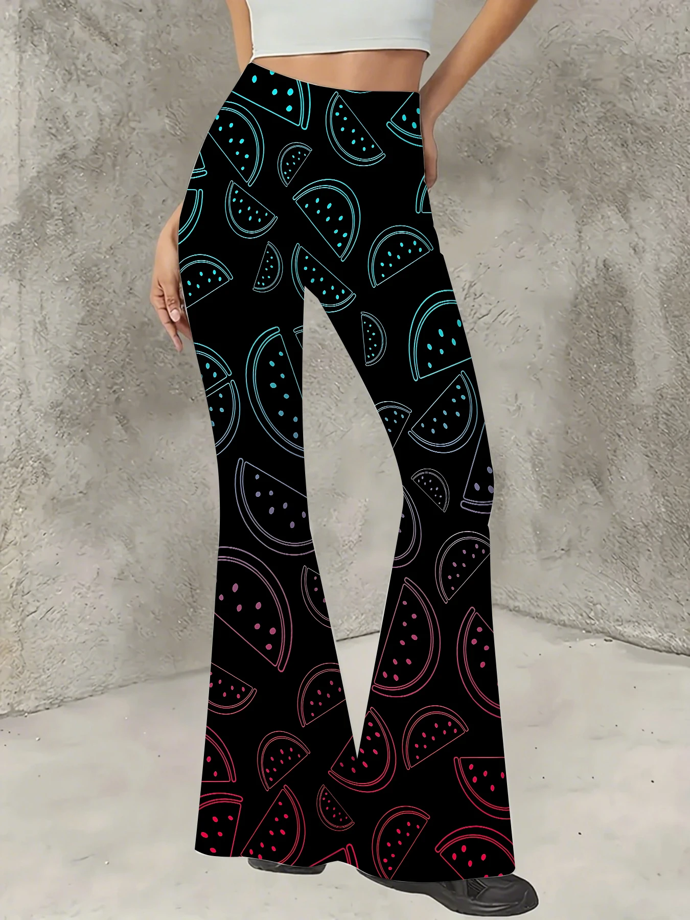 

Women's Striped Print Flare Pants Loose Fit Knit Wide Leg Bell Bottom Trousers