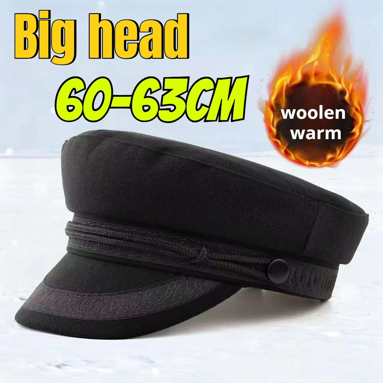 2026 New Men's Winter Big Head Woolen Military Caps Rear Sealing Adjustable Captain Caps Thick Warm Sailor Flat Top Hat for Dad