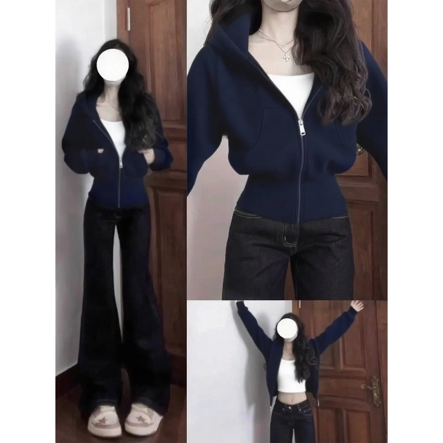 2025 Navy Blue Slim Fit Short Hoodie Jacket Women's Autumn New Collection Waist Cinching Slimming Top Korean Versatile Sports