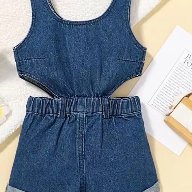 2024 Kids Girls Clothes Set Jumpsuits Summer Denim Short Triple Breasted Outfits Baby Clothing 4 5 6 7 Year