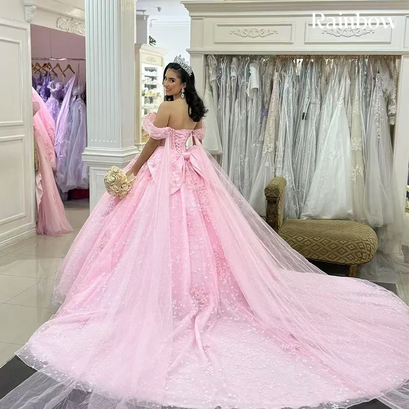 

High Quality Quinceneara Dress Embroidered Lace On Net With Sequins Princess Ballgown Off The Shoulder Customized Birthday Party