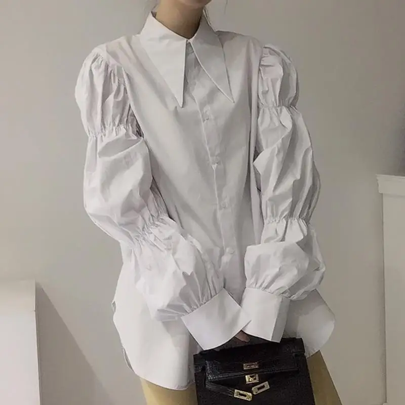 Irameezt-Chemises rétro de style palais pour femmes, blouses à revers monochromes, manches bouffantes, chemisiers boutonnés, hip hop, chemise chic High Street, vêtements féminins, automne