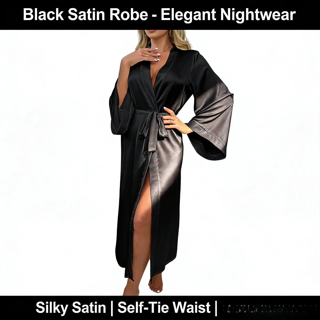 

Длинный атласный халат женский с длинным рукавом и завязкой. Удобный домашний халат в полный размер.