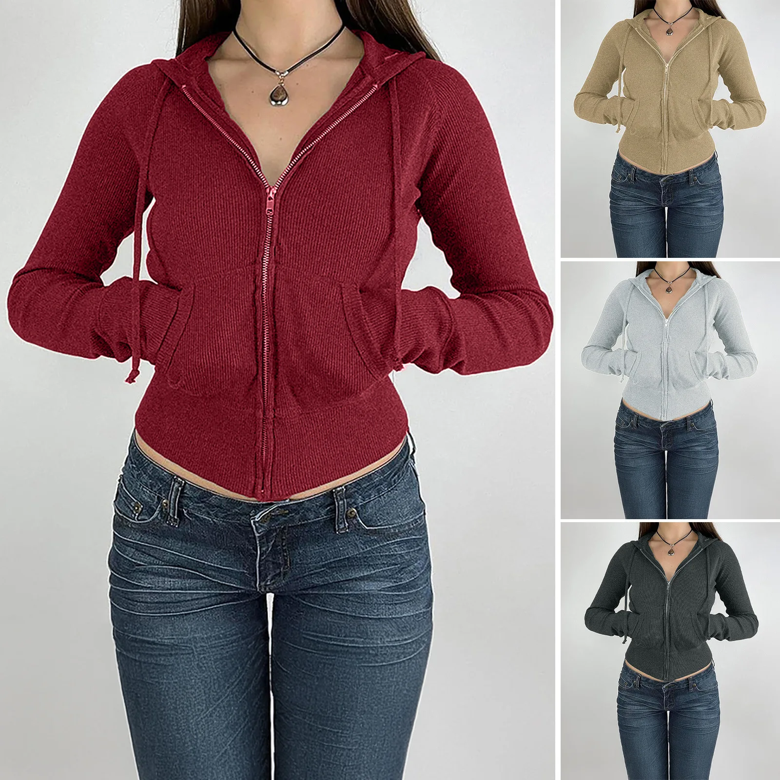 

Spring Autumn Women's Jacket Female Solid Color Slim Fit Short Zipper Cardigan Lady's Drawstring Hooded Jacket Women's Jacket