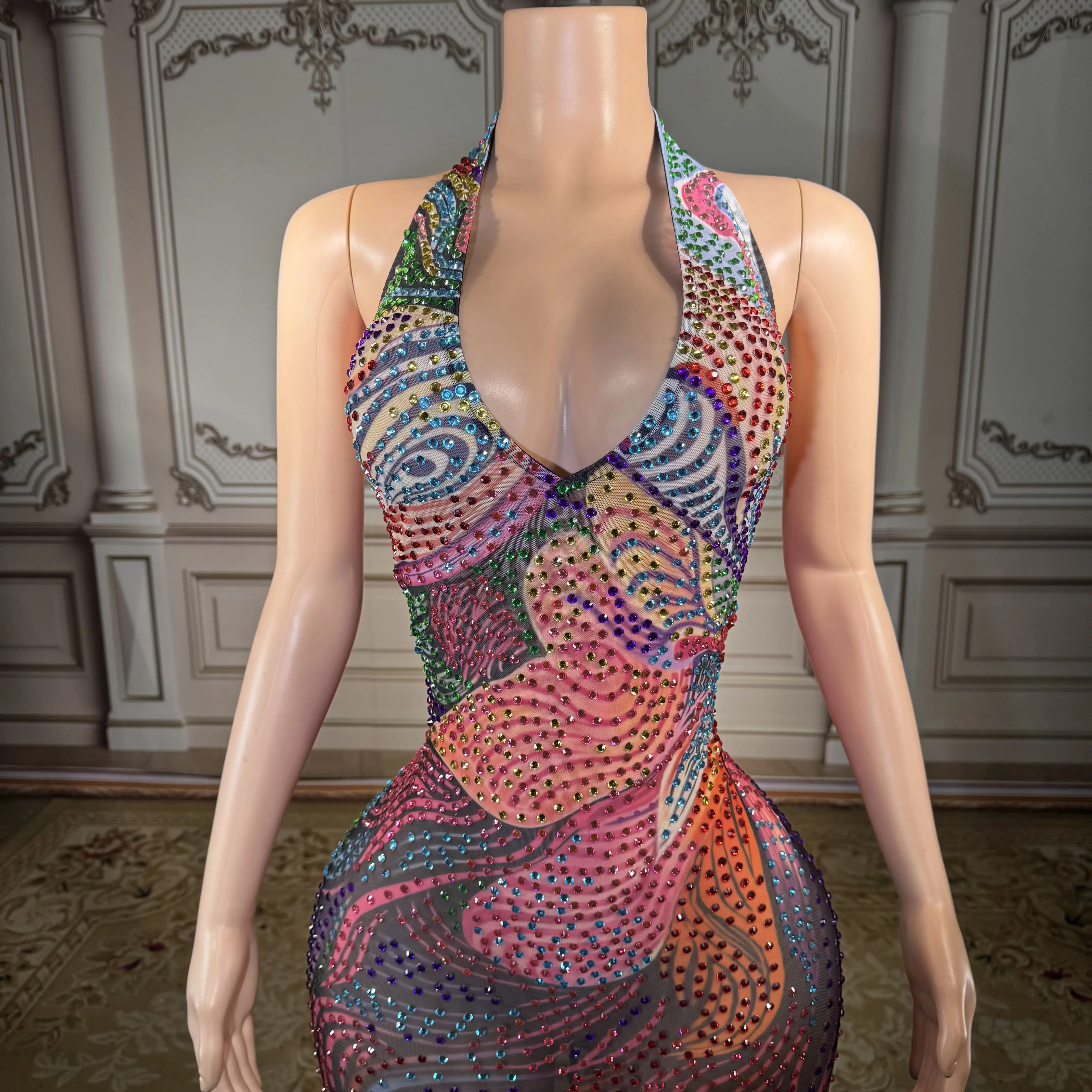 ZD Rhinestoens Damen-Kleid, ärmellos, sexy V-Ausschnitt, Netzstoff, durchsichtig, figurbetont, langes Kleid, Feiern, Nachtclub, Geburtstag, Outfit