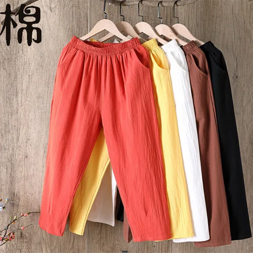 Nuevos pantalones de talla grande para mujer, pantalones hasta el tobillo para primavera y verano, pantalones holgados informales tipo Harem de algodón y lino, color sólido