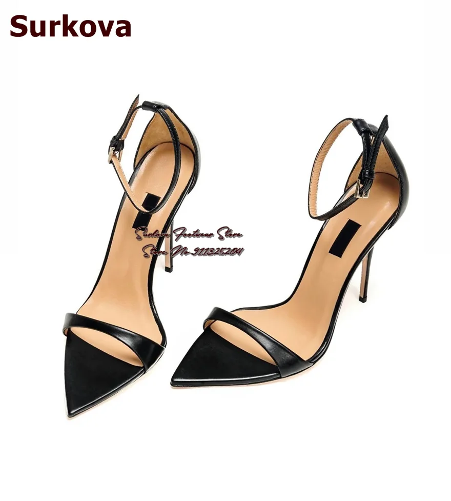 Surkova Women Elegant Single Strap Sandals Pointed Toe Ankle Buckle Dress Pumps Stiletto Heel Summer Banquet Shoes Size46