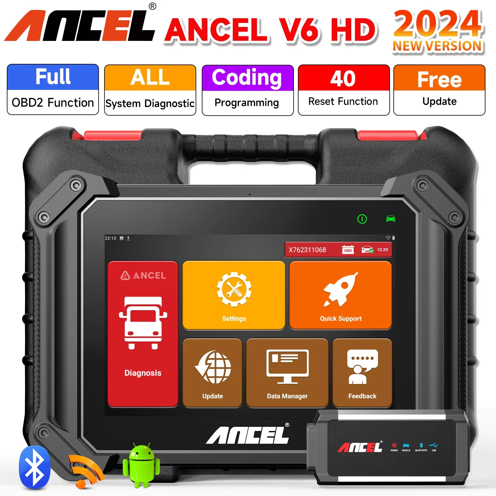 

ANCEL V6 HD Heavy Duty Truck Scanner Bluetooth Full System Diagnostic Bidirection Diesel for Cummins/Detroit/Caterpillar/Paccar