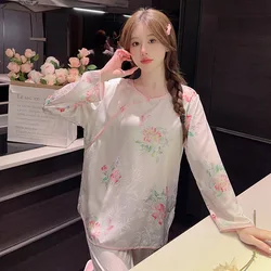 Ice Silk Sleepwear Print Floral Pajamas Women Pajamas Sets Button Pullover Long Sleeve Nightwear Loungewear Sets Vintage New