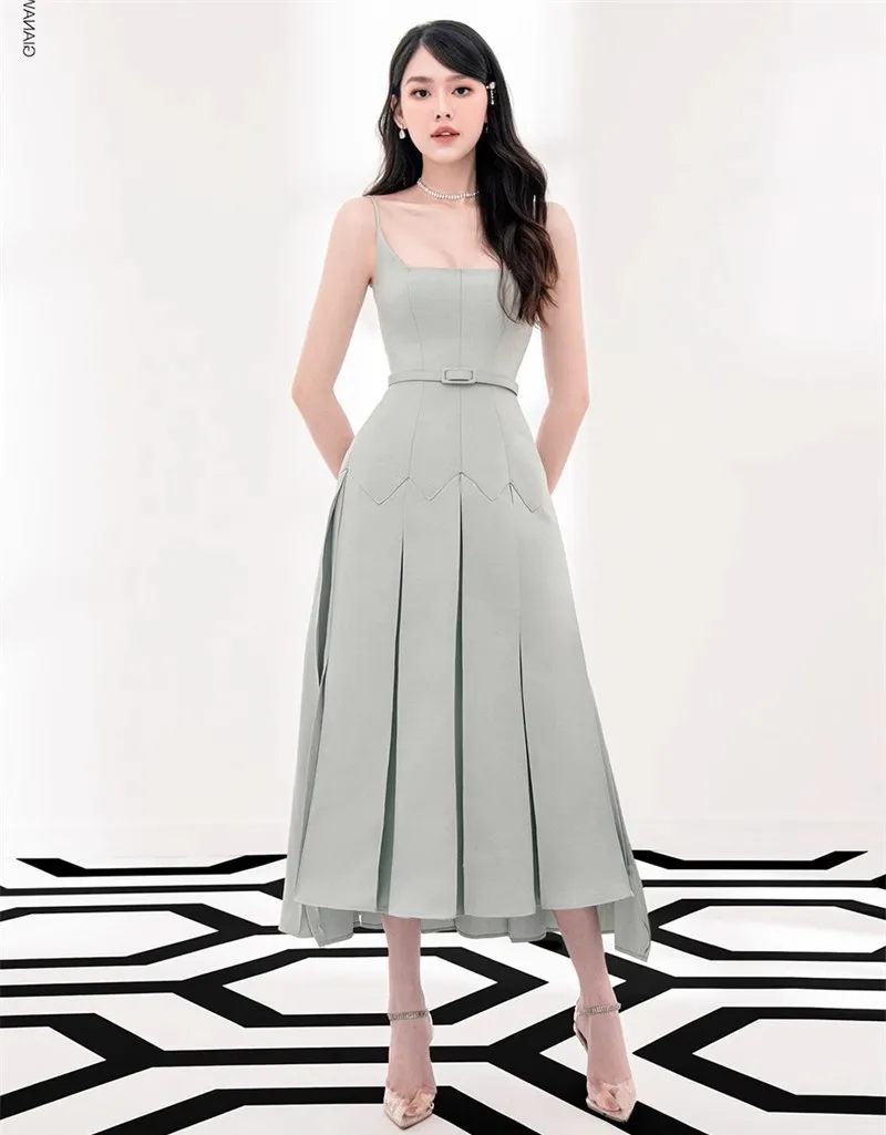 Lingzhi Wu Formal Long Dress Green Gentle Brief Dresses Elegant Ladies Dresses Female Solid Color Spaghetti Strap New Arrival