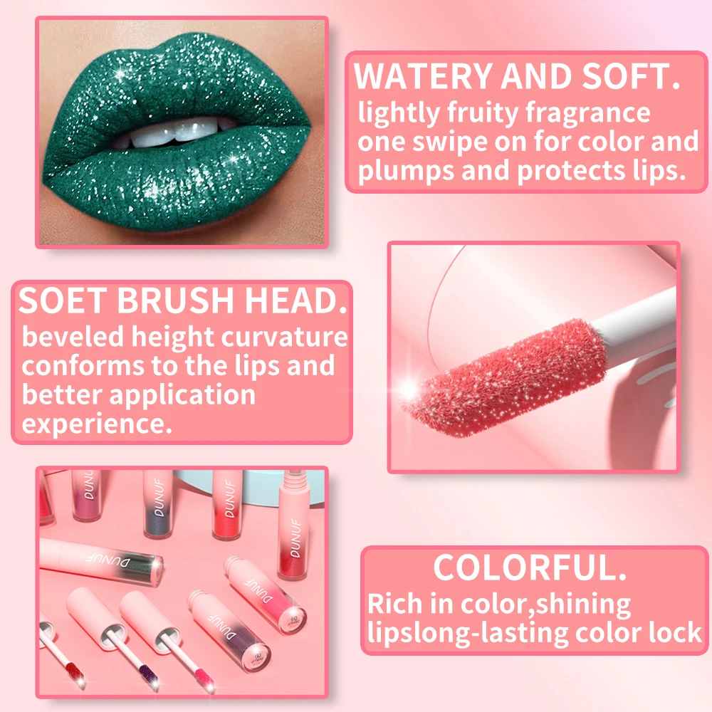 DUNUF-brillo de labios brillante para mujer, lápiz labial líquido con purpurina de diamante, resistente al agua, brillo de labios de larga duración, maquillaje de labios, cosméticos