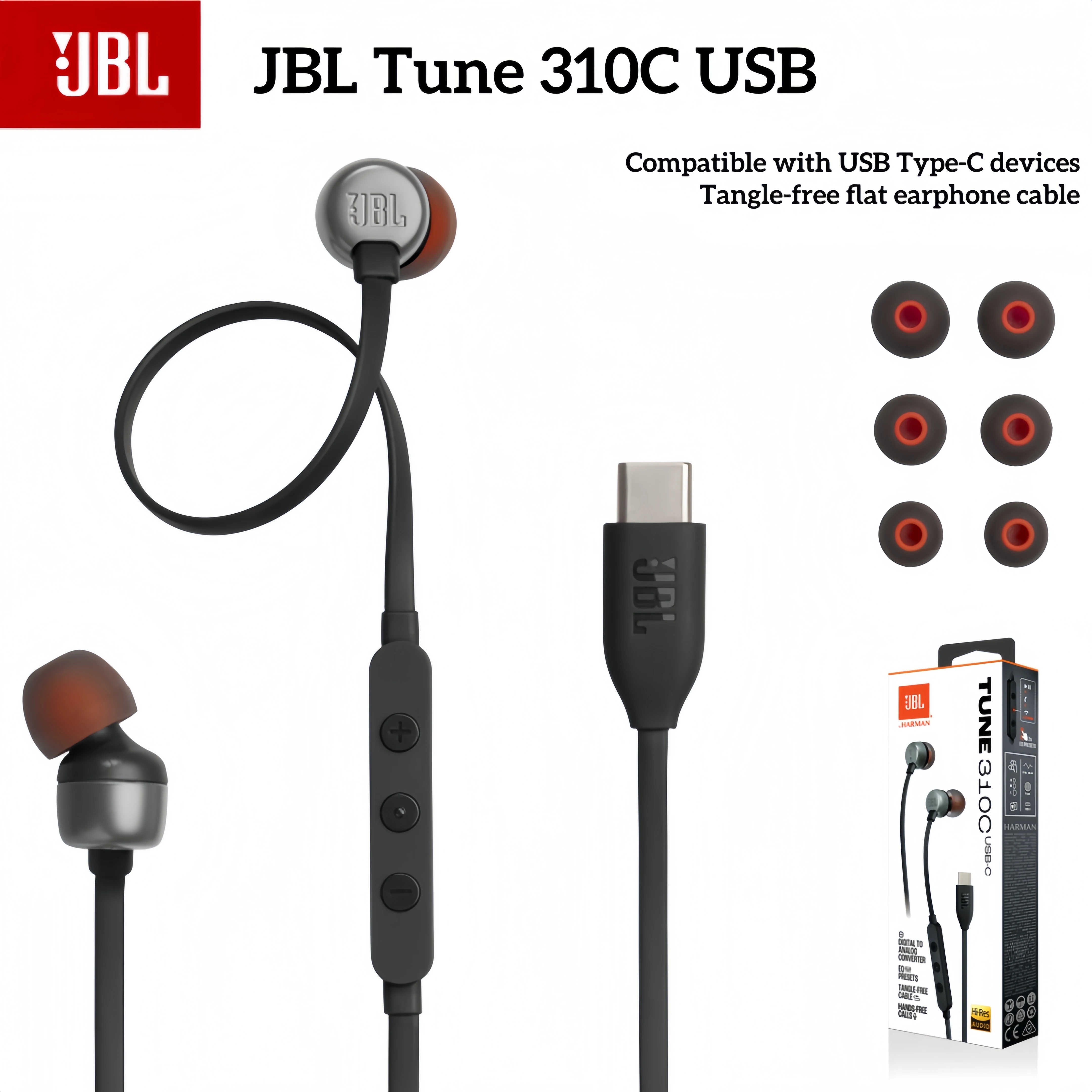 JBL Tune 310C - Wired Hi-Res in-Ear Headphones, Tangle-Free Flat Cable, 3-Button Remote with Microphone,Game headphones with mic