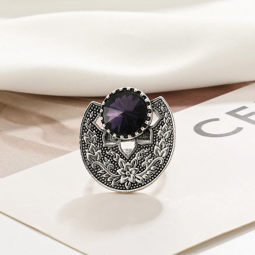 Vintage Purple Gemstone Rings for Women Bohemian Ethnic Engraving Flower Fan-shaped Finger Ring Jewelry Trend Anillo кольцо