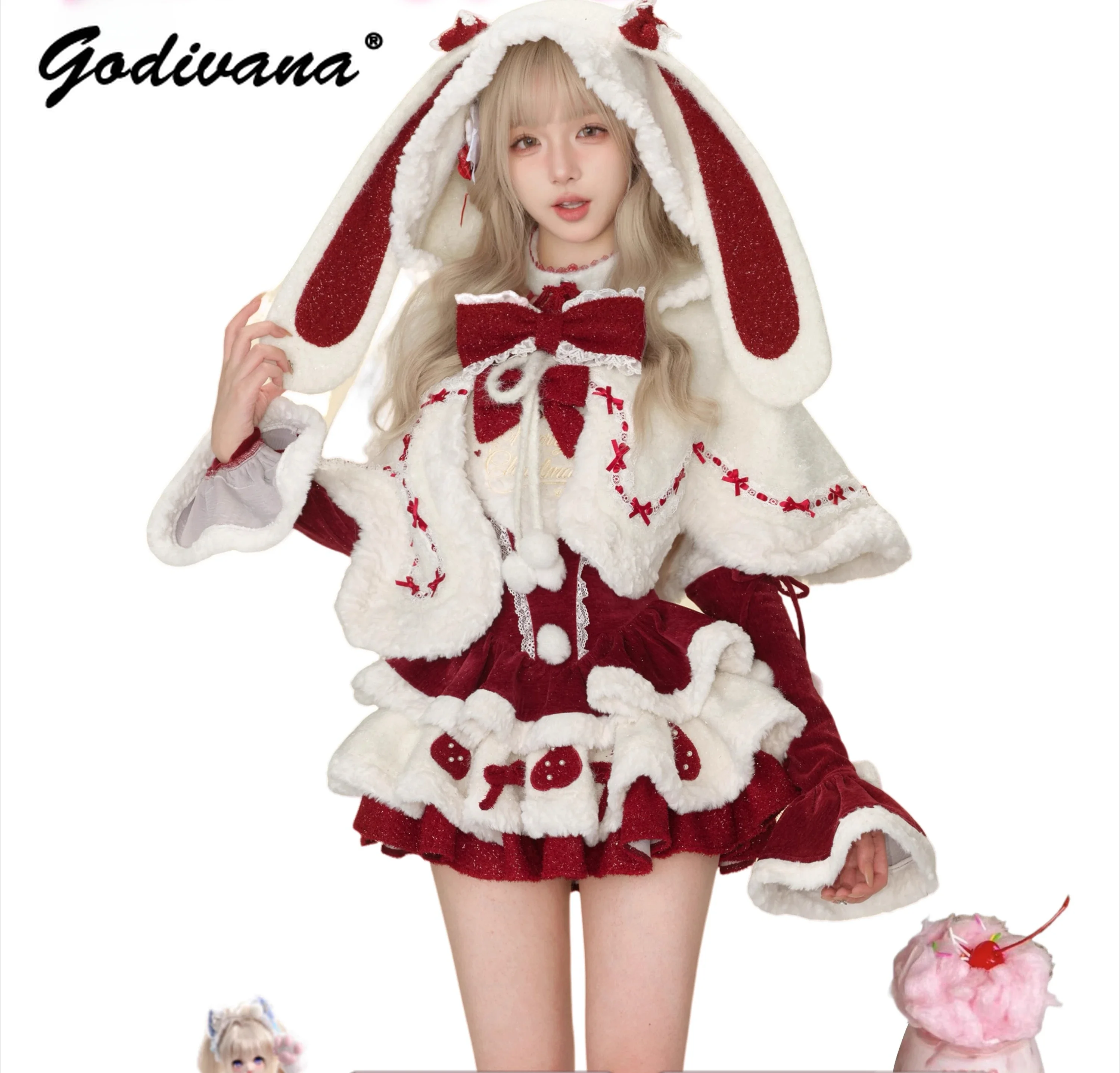 Christmas Dress Set New Winter Girl Women Strawberry Plush Rabbit Ear Cape Cloak Coat + Red Halter Velvet Dress New Year Outfits