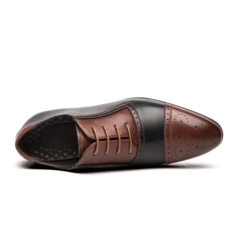 Brogue Shoes Men Shoes PU Color Matching Fashion Business Casual Personality Pointed Toe Hollow Lace-up Oxford Dress Shoes